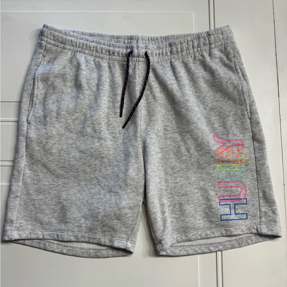 Hurley Mens Sz L Gray Sweat Shorts Neon Logo Elastic Drawstring Waist